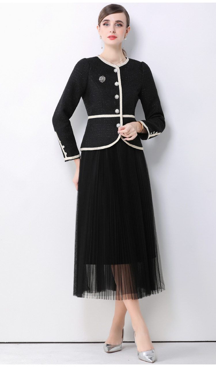 Chic Womens Suit Jacket Beaded Round Neck Waist Cinched Design High Waisted Tulle Pleated Skirt Elegant French Style