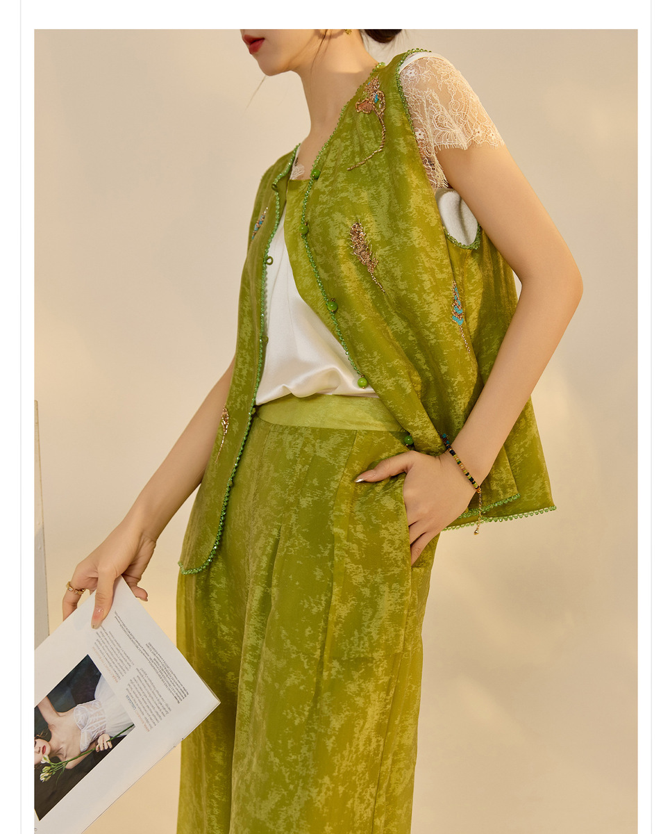 Set gile thêu đính cườm kèm quần dài nữ phong cách thanh lịch — Quần dài màu mơ, Quần dài màu xanh lục, Gi lê màu hồng, Gi lê màu xanh lục