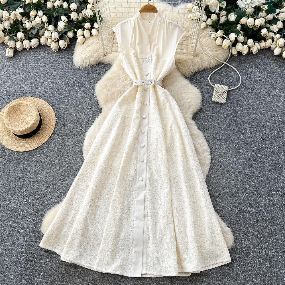 Sleeveless French Elegant Dress Button Closure Waist Defining Slim Fit Long Length Summer Office Wear for Women