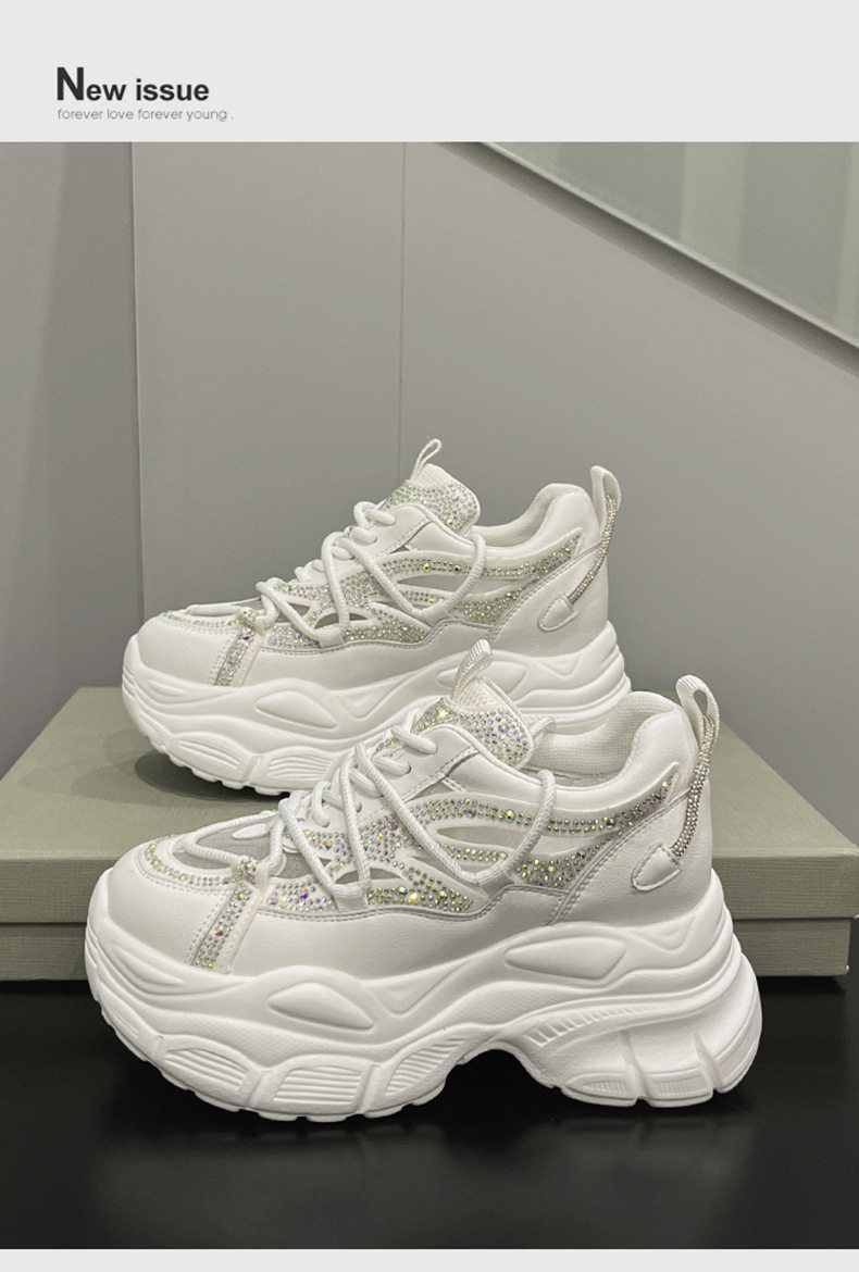 Giày sneaker nữ đế dày chunky phong cách thể thao, mũi tròn, dây buộc, đế cao 8 cm — Trắng, Hồng, Đen chi tiết 11