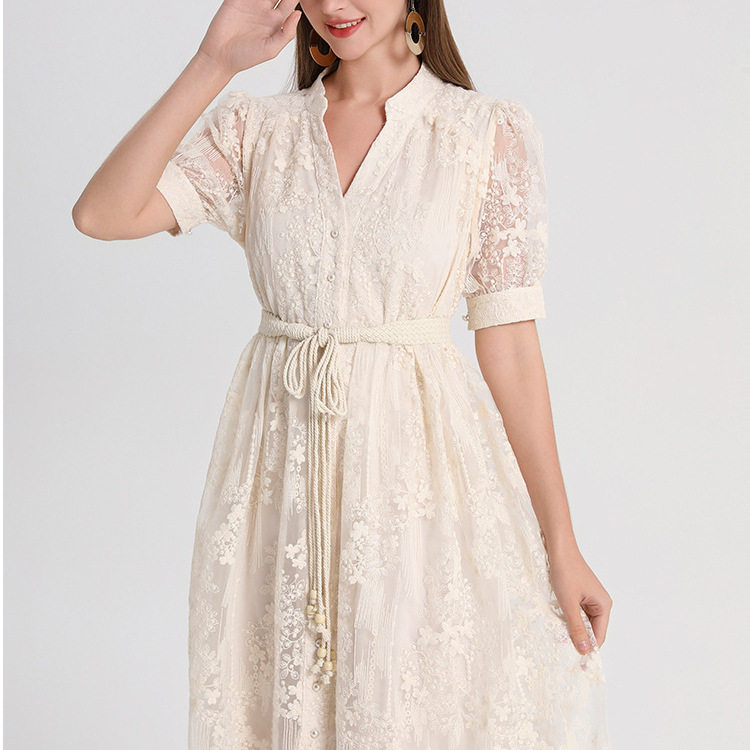 French Elegant Maxi Dress Summer Fashion Embroidered Lace Waist Tie Button Closure Perfect for Parties and Events