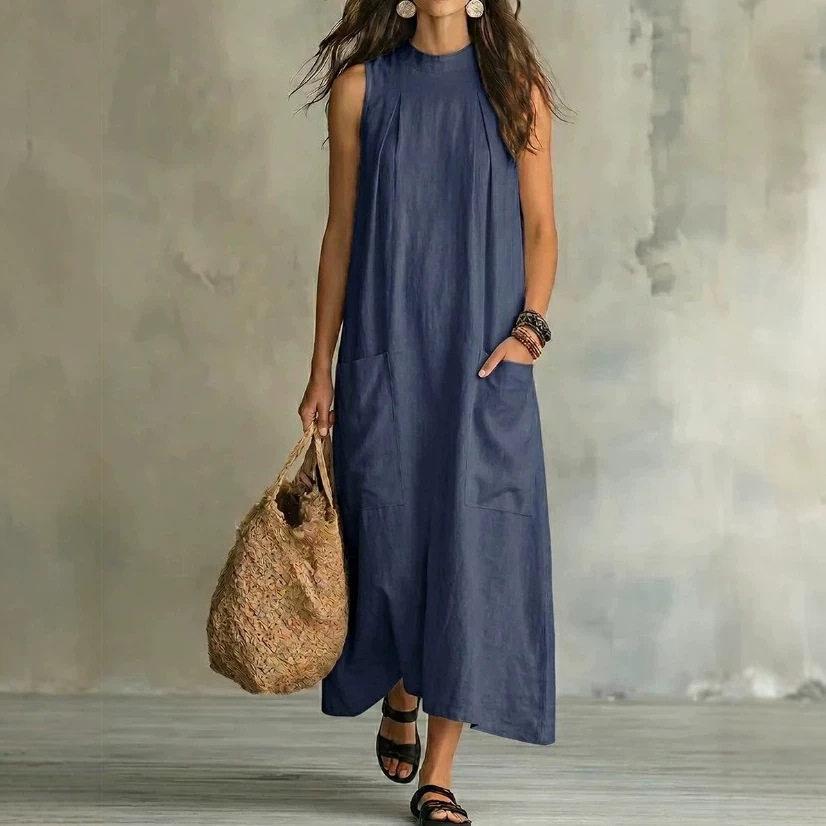 Elegant Sleeveless Round Neck Dress Solid Color Pocket Design Lightweight Fabric Spring Summer Fashion Wholesale