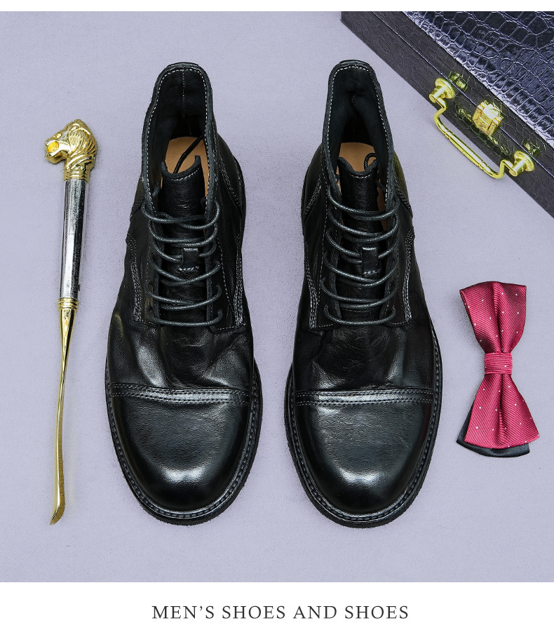 Giày boot nam da ngựa cổ cao mũi tròn đế khâu Goodyear thủ công — Màu đen, Màu cà phê