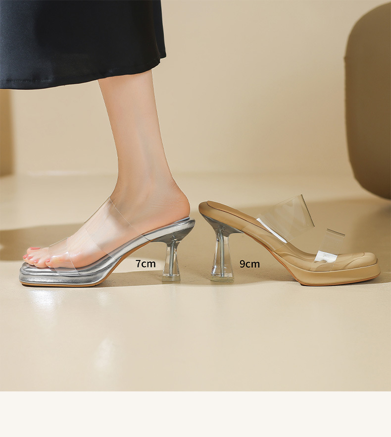 Dép sandal nữ quai ngang trong suốt gót pha lê 7cm 9cm — Bạc 7cm, Bạc 9cm, Màu trắng nhạt 9cm, Mơ 7cm