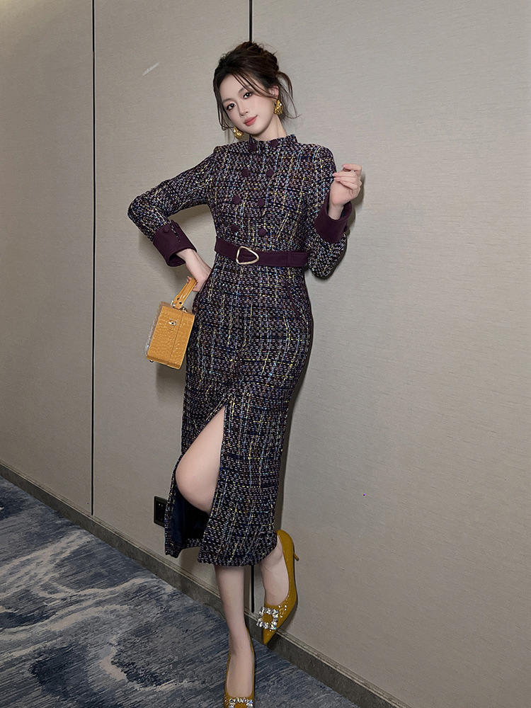 Đầm tweed nữ dài tay hai hàng khuy thắt eo ôm hông — Màu tím, Màu cà phê sữa
