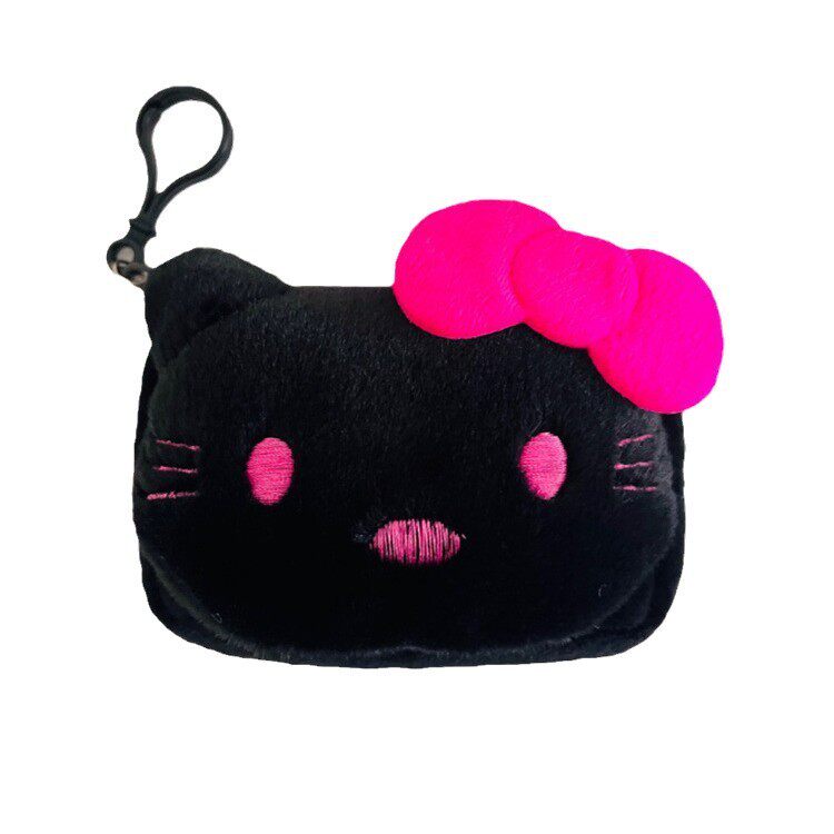 New Black Kt Cat Square Plush Coin Purse Portable Round Headphone Bag Cute Cartoon Mini Bag for Women