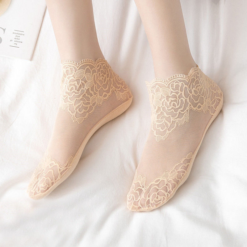 船袜女夏季薄款中筒蕾丝袜单鞋镂空百搭透气吸汗女士短袜夏天袜子