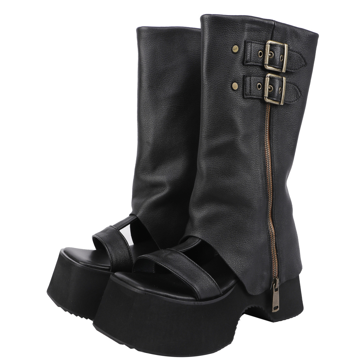 Boot nữ da thật đế dày mũi hở cổ cao khóa kéo bên hông — màu đen, Màu nâu