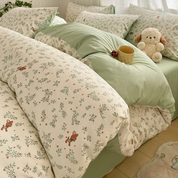 Small fresh cotton bed four-piece set 100 cotton floral quilt cover bed sheet hat student dormitory three-piece set wholesale