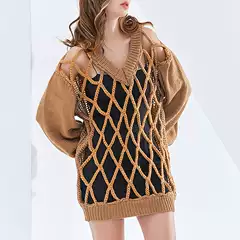 2026 Summer Fashion Show Style Design-Inspired V-Neck Personalized Mesh Hollow-Out Lantern Sleeve Loose Knit Sweater for Women