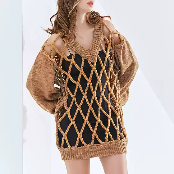 2026 Summer Fashion Show Style Design-Inspired V-Neck Personalized Mesh Hollow-Out Lantern Sleeve Loose Knit Sweater for Women
