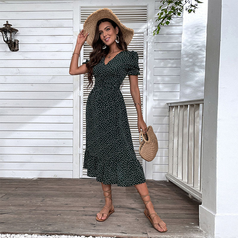 Vintage Polka Dot V Neck Midi Dress Womens Fashion Retro Style Comfortable Fit Perfect for Spring Summer Occasions