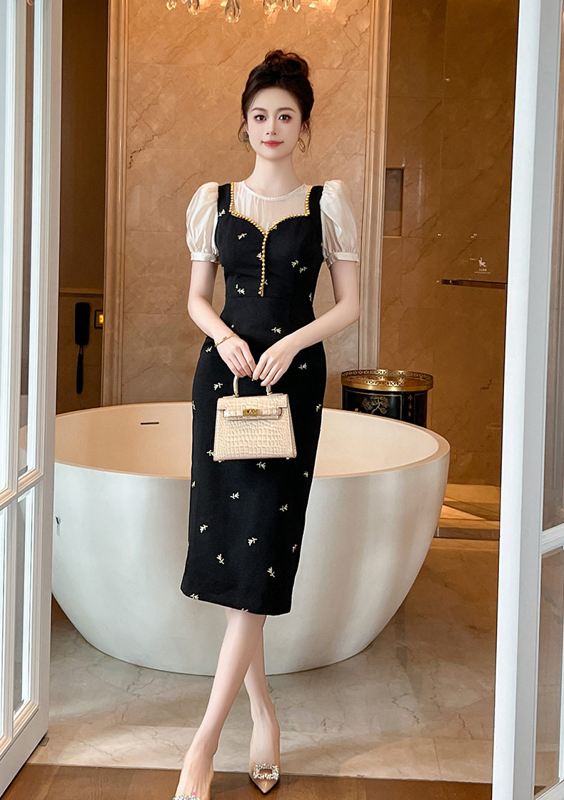 Đầm ôm body nữ cổ tròn tay bồng phong cách Pháp — [Đen] chi tiết 11