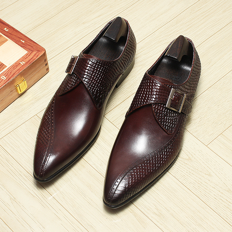 Giày da nam mũi nhọn khóa cài kiểu monk strap thanh lịch — Màu đen, Màu nâu đỏ