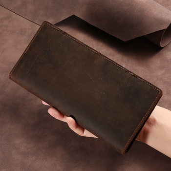 Vintage Crazy Horse Leather Long Wallet Men's Genuine Leather Tri-Fold Wallet Multifunctional Business Top-Layer Cowhide Clutch Bag for Men