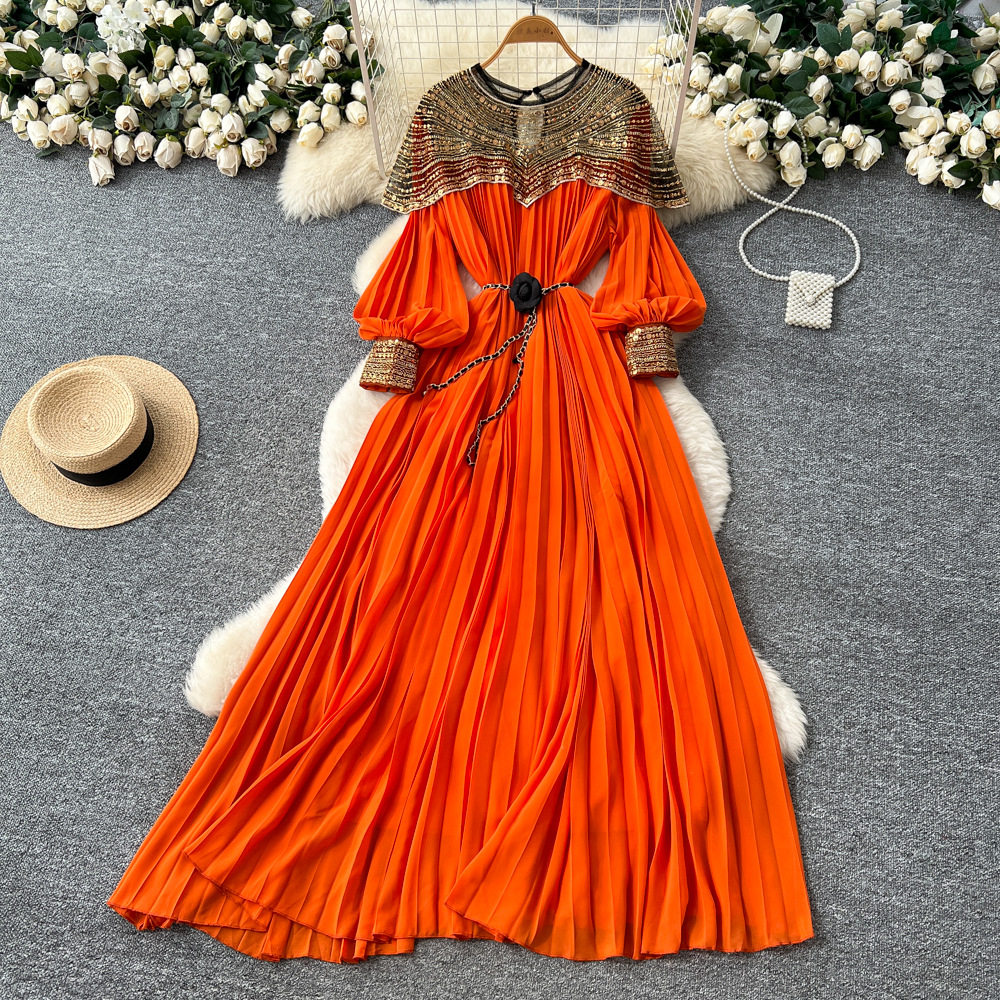 French Style Embroidered Beaded Sequin Mesh Lantern Sleeve Tie Waist Pleated Maxi Dress for Women Elegant Evening Wear