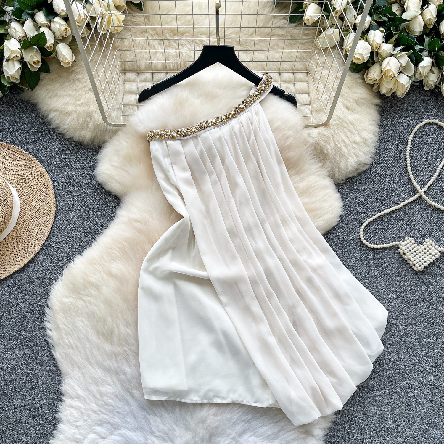 French Style Backless A Line Dress Rhinestone Embellished Asymmetrical Neckline Slim Fit Summer Vacation Wear