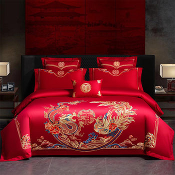 Home Textiles Chinese-Style Wedding 100S Long-Staple Cotton Four-Piece Set High-End Dragon and Phoenix Embroidery Wedding Red Pure Cotton Quilt Cover