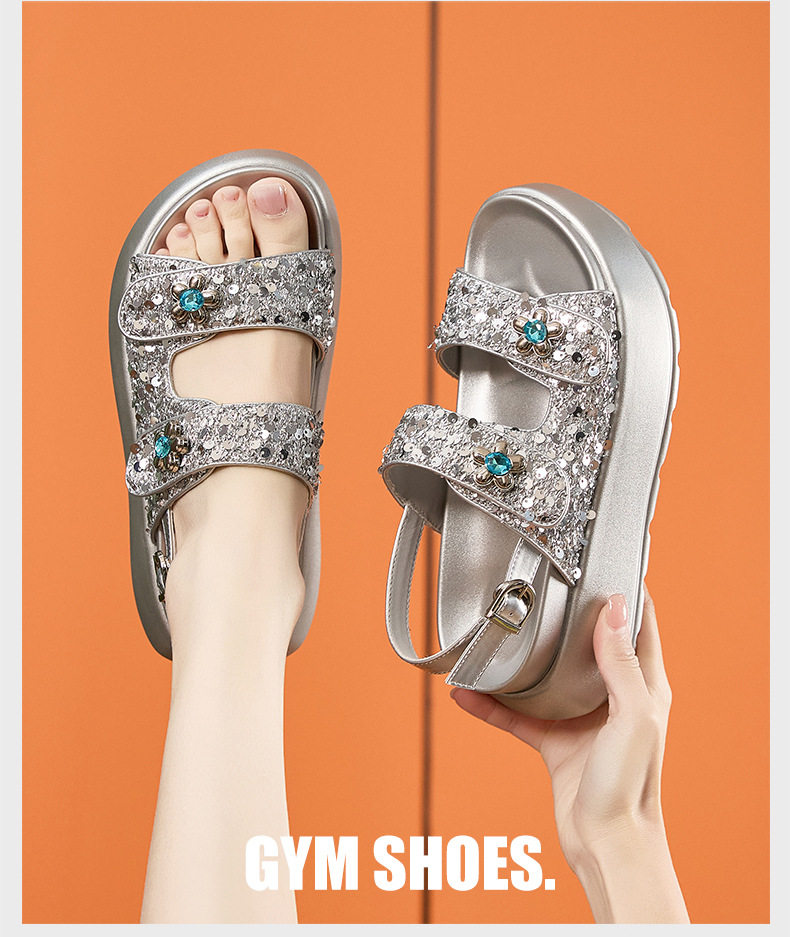 Sandal nữ quai chữ V đế dày chống trượt phong cách thành thị — Đen, Bạc chi tiết 11
