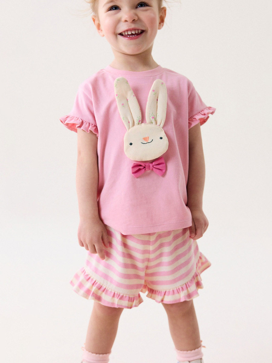Cute Kids' Set, Summer Short-sleeve Girls' Outfit, Cartoon Striped Children's Clothing Wholesale