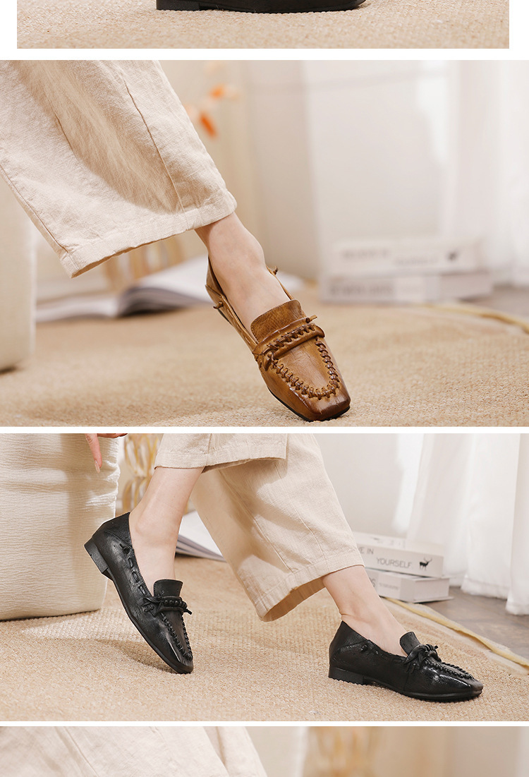 Giày búp bê nữ mũi vuông viền ren cổ trung gót thấp đế mềm — màu đen, Màu kaki
