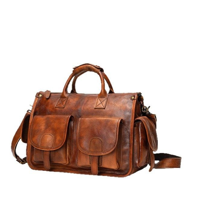 Cross-Border Cowhide Men's Crossbody Bag Vegetable Tanned Leather Polished Genuine Leather Briefcase Handbag High-End Business Men's Bag Single Shoulder