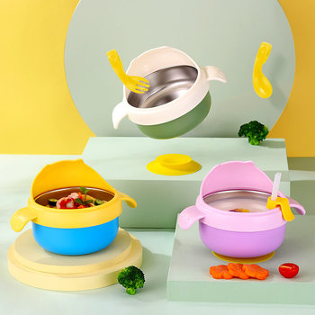 Baby and Kidsren's Food Supplement Bowl 316 Stainless Steel Water-Filled Anti-Spill Insulated Bowl with Suction Cup Removable Double-Handled Anti-Scalding Bowl