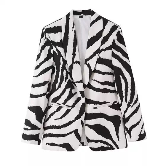 Pb&Za Women's Clothing 2026 Summer New Fashion Stylish Animal Print Buttonless Long-Sleeved Lapel Blazer