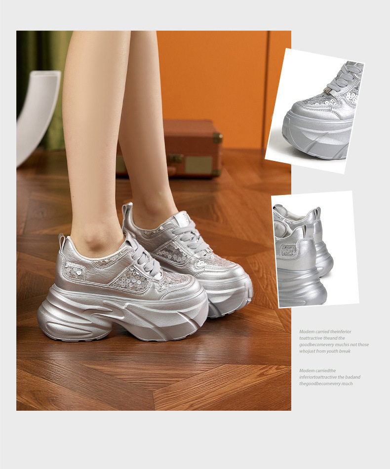 Giày thể thao đế xuồng platform nữ đế dày 8 cm, mũi tròn, dây buộc phối lưới thoáng khí — Bạc, Trắng chi tiết 3