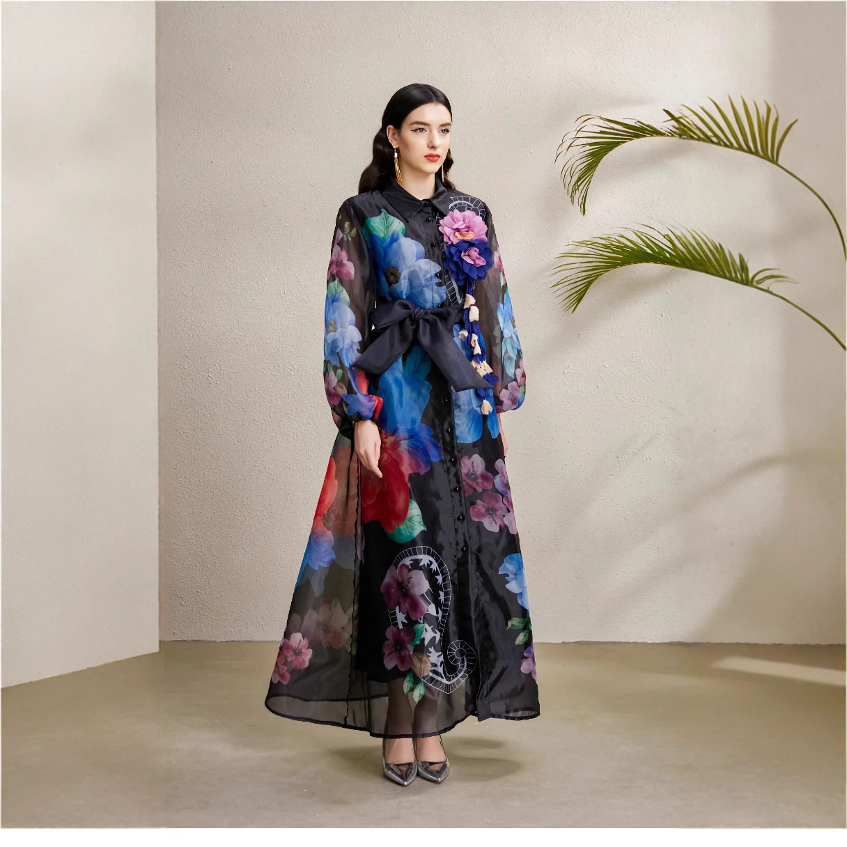 Vintage Floral Print Puff Sleeve Maxi Dress for Women Autumn Waist Tie Design Elegant Style Wholesale Available