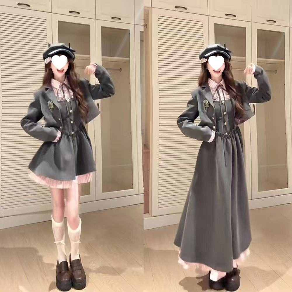 (High Quality) Watts College Jk Uniform Sweet Preppy Style Jacket Waist Dress Autum Two-Piece Set