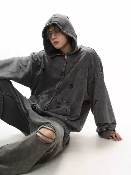 2026 Autumn/Winter Distressed Hooded Sweatshirt for Men, Washed Heavyweight Loose Fit Versatile Vintage Couple Style American Trendy Brand Top