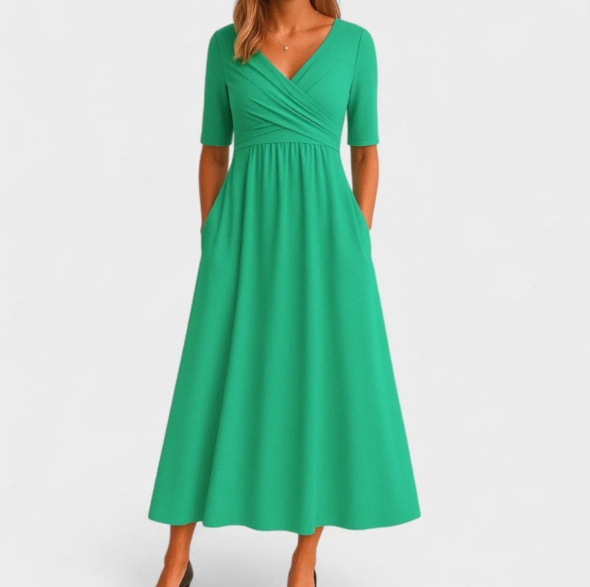Elegant Womens Solid Color Maxi Dress V Neck Mid Sleeve Summer Style Available for Wholesale