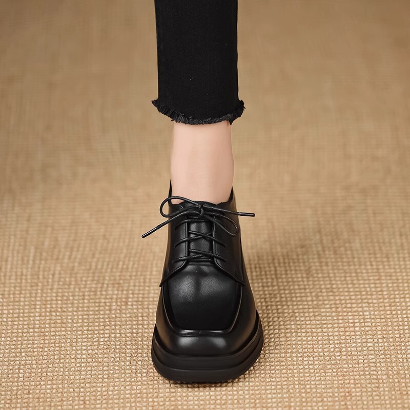 Giày cao gót nữ gót vuông 8.5cm mũi vuông da lì buộc dây — Màu đen