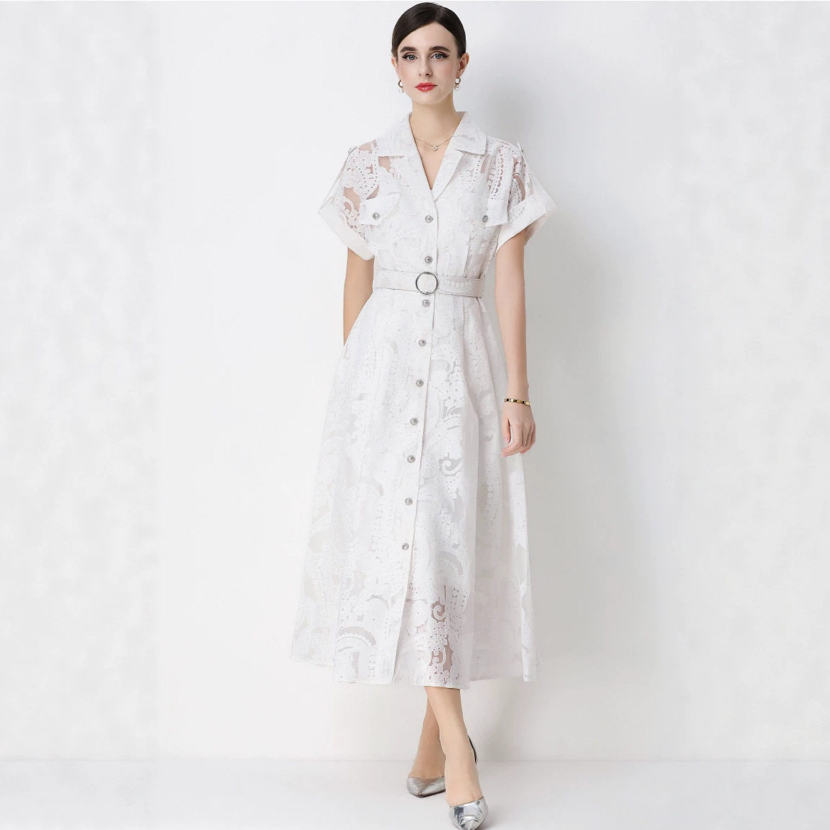 French Style Long Sleeve Dress Lapel Collar Waist Cinching Flared Hem Lace Detailing Spring and Autumn Occasion