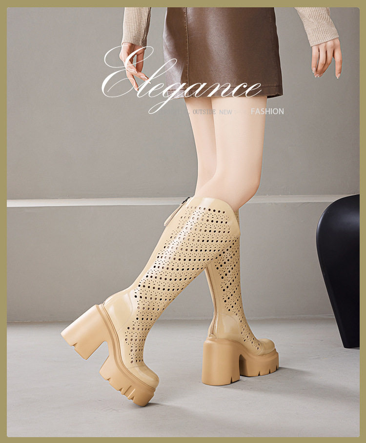 Boot nữ cổ thấp da láng thoáng khí gót cao 8 cm — [Màu hồng đào], [Màu đen] chi tiết 1
