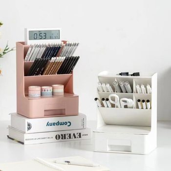 Oblique Desktop Stationery Storage Box Student Multi-grid Pen Holder Storage Box with Drawer Lipstick Cosmetic Storage Box