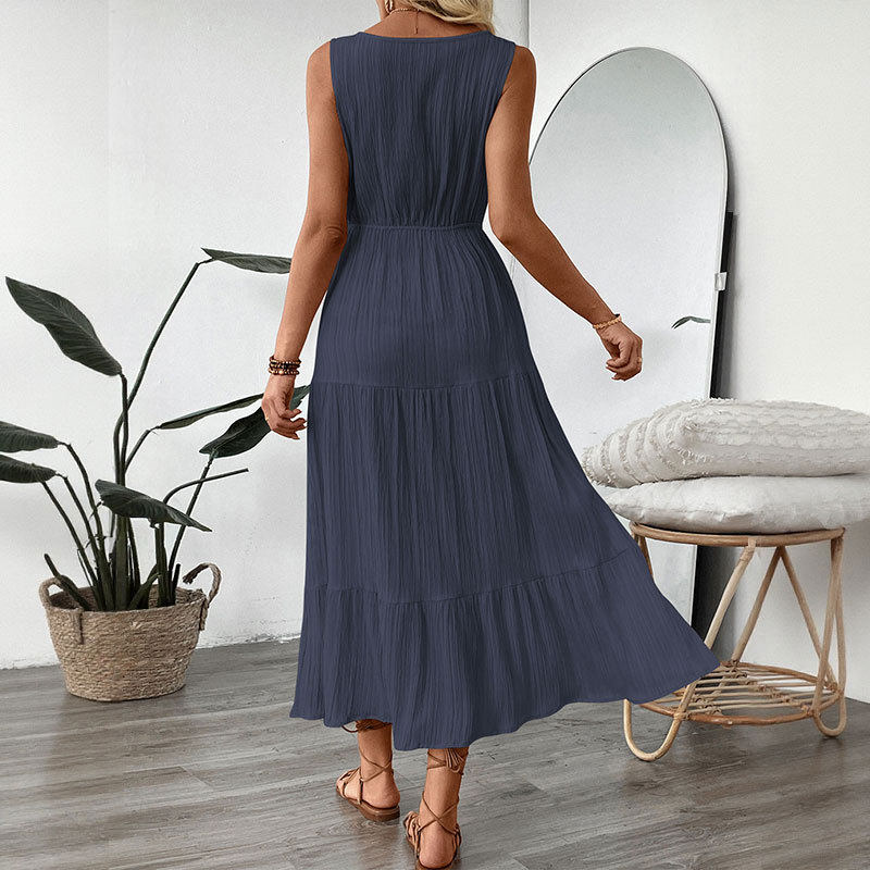 Sleeveless V Neck Summer Dress Minimalist Design Solid Color Adjustable Tie Casual Wear for Women OEM Available