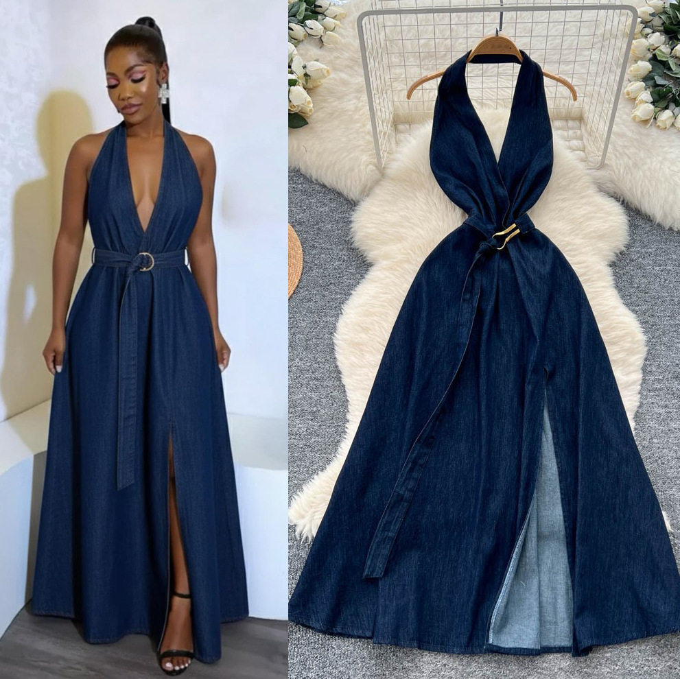 Summer Deep V Neck Backless Denim Maxi Dress for Women Sexy Split Design Chic Style Elegant Look Wholesale Available