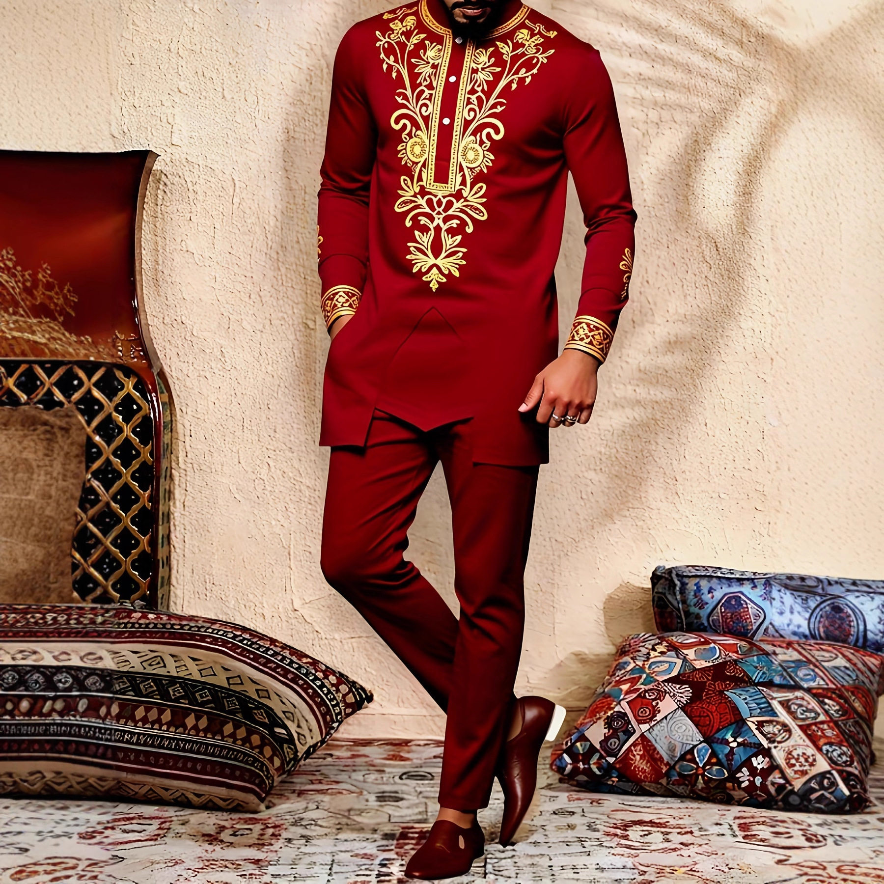 传统外贸非洲风格男士结婚新西装2件套圆领长袖上衣加裤子外贸