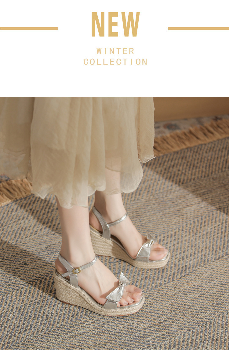 Sandal nữ quai một chữ gót xuồng đế cao 9cm nơ đính phối hợp đi biển — Màu bạc, màu vàng kim