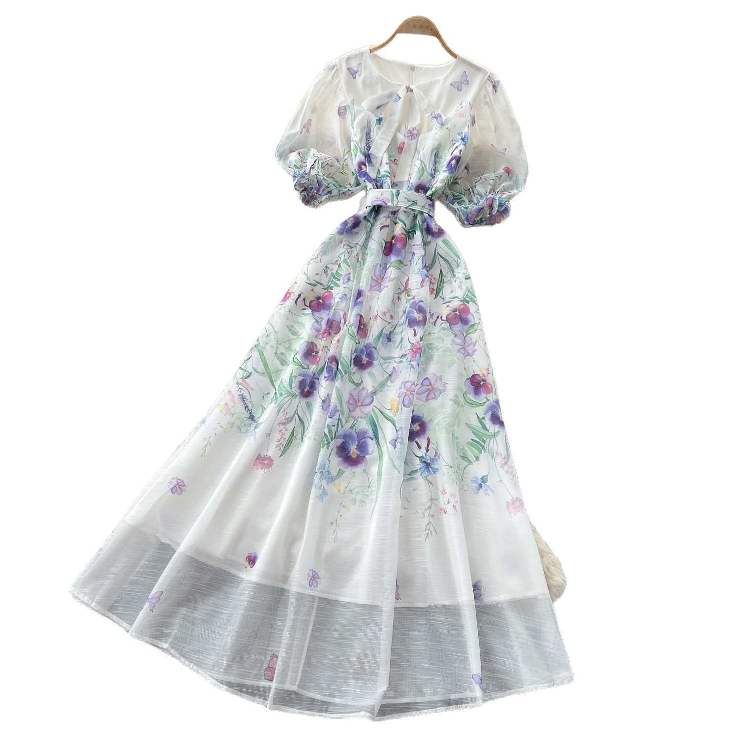 French Romantic Floral Tie Dress Summer V Neck Short Sleeve Waist Defined A Line Elegant Casual Wear Wholesale