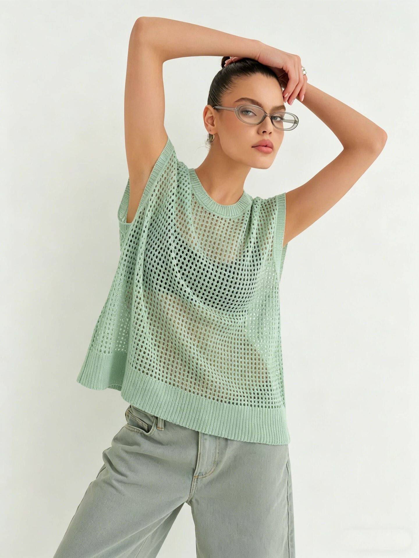 Lace Knit Sweater Vest Lightweight Sheer Round Neck Spring Summer Fall Fashion Wholesale Available