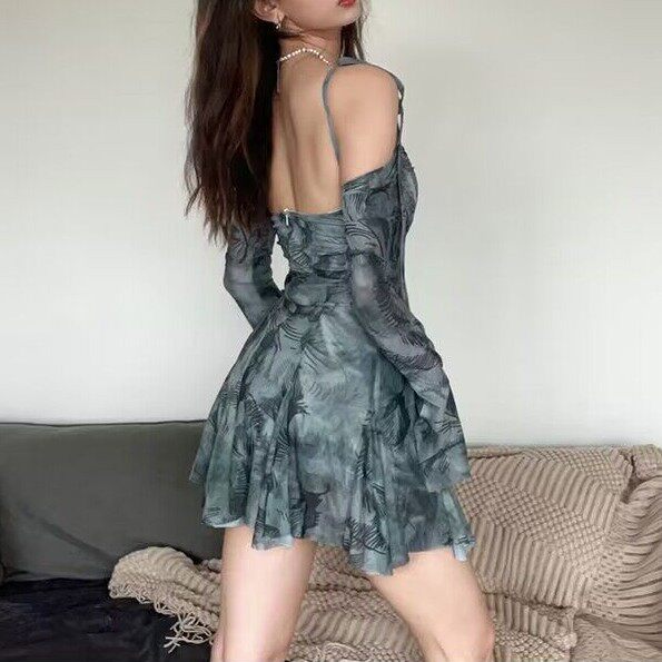Summer Floral Print Off Shoulder Dress Slim Fit Bell Sleeves Adjustable Straps Casual Wear for Women Wholesale