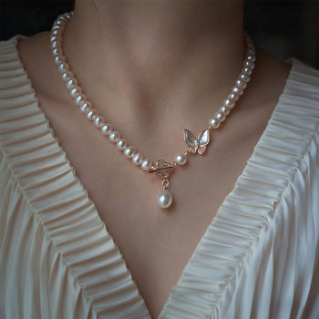 Natural Freshwater Pearl Close Round Sweater Chain 14K Bag Gold Sweet Necklace Women's Pendant Clavicle Chain Light Luxury High-end Sense