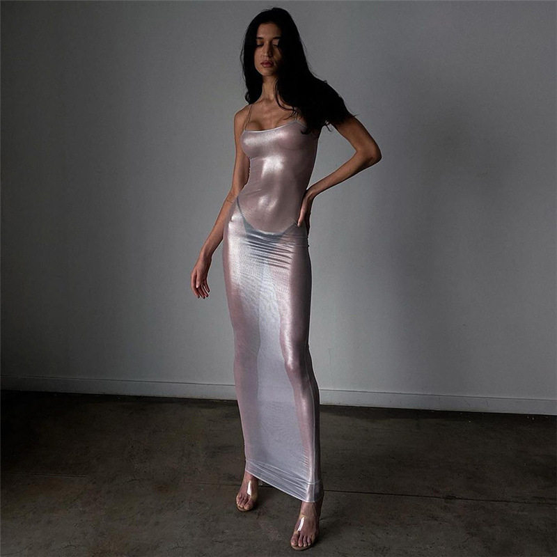 Sexy Sheer Bodycon Dress Silver Foil Detailing Spaghetti Straps Trendy Nightclub Style Spring Summer Collection