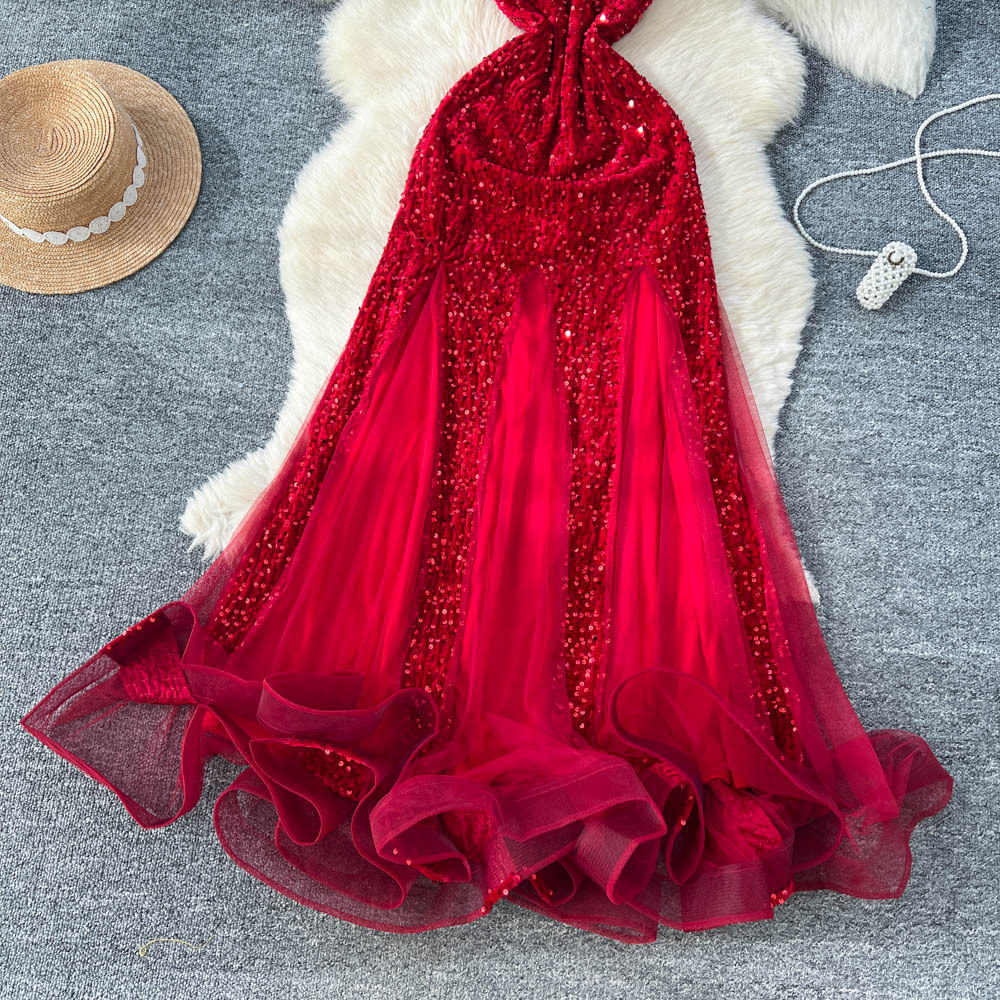 Elegant Womens Evening Dress Slimming Waist Design Sheer Mesh Sequin Velvet Spaghetti Straps Perfect for Formal