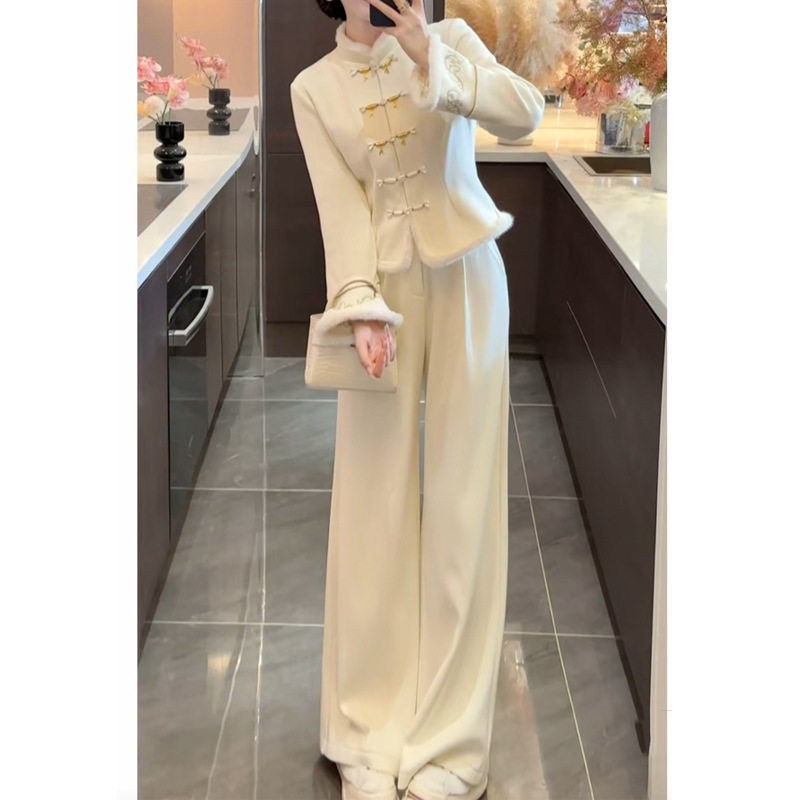 Jade Bone 2025 Autumn/Winter New Elegant Waist-Cinching Embroidered Button Two-Piece Set for Women, New Chinese Retro Suit with Pants Trend