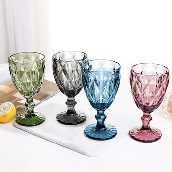 Cross-Border Wholesale European Style Embossed Red Wine Glass Colored Glass Beverage Cup Thickened Juice Milk Cup Wedding Goblet