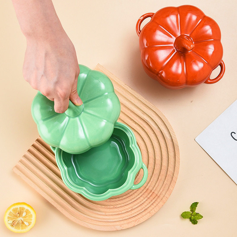 Creative binaural pumpkin ceramic bowl with lid household stew bowl kitchen children's soup bowl steamed egg salad dessert baking bowl